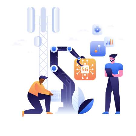 Les gens utilisent le réseau 5G pour organiser des blocs  Illustration