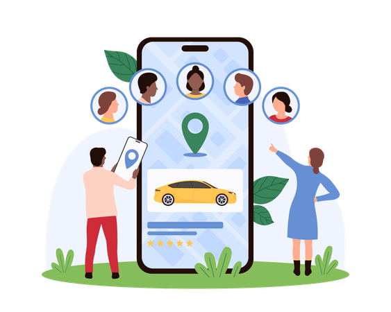 Personnes utilisant un service de partage de voiture en ligne  Illustration