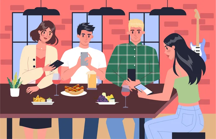 Personnes utilisant un smartphone en dînant dans un restaurant  Illustration