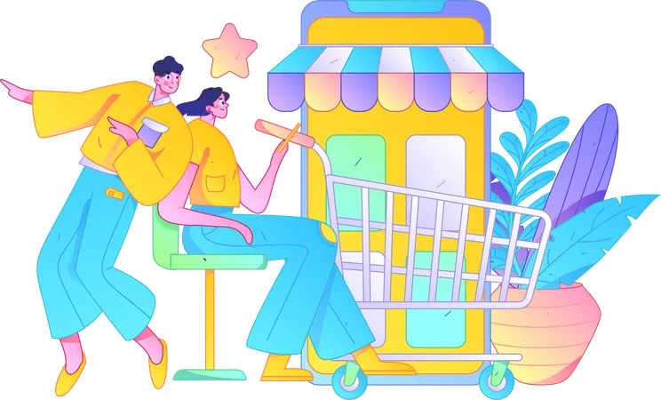 Personnes utilisant une application d'achat mobile  Illustration