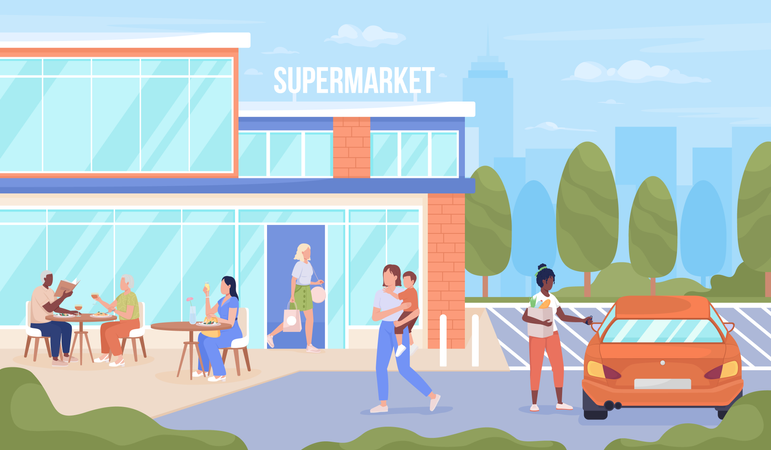 Personnes visitant un supermarché urbain  Illustration