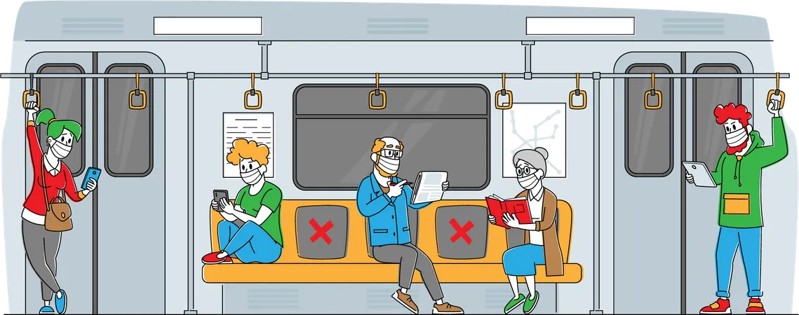 Personnes voyageant en train pendant la pandémie de corona  Illustration