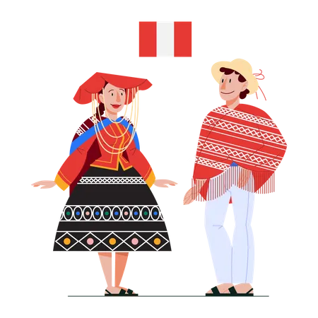 Ilustracao Vetorial De Cidadao Peruano Em Traje Nacional Com Bandeira Homem E Mulher Com Roupas Tradicionais Masculino E Feminino Usando Vestido Etnico Ilustracao Plana Vetorial Ilustração