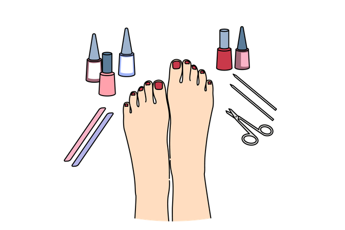 Pés de mulher após procedimento de pedicure, com esmalte e tesoura perto de unhas pintadas bem cuidadas  Ilustração