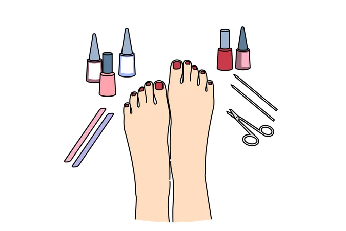 Pés de mulher após procedimento de pedicure, com esmalte e tesoura perto de unhas pintadas bem cuidadas  Ilustração