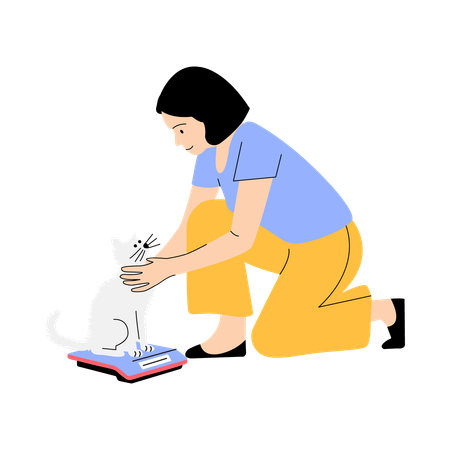 Pesando a la mascota en la báscula  Ilustración