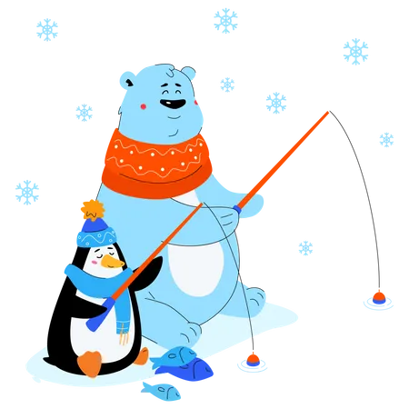 Pesca No Gelo De Urso Polar E Pinguim Ilustracao De Estilo De Design Plano Com Personagens De Desenhos Animados Em Fundo Branco Animais Fofos Em Roupas De Inverno Sentados Com Varas Conceito Sazonal Hobby E Lazer Ilustração