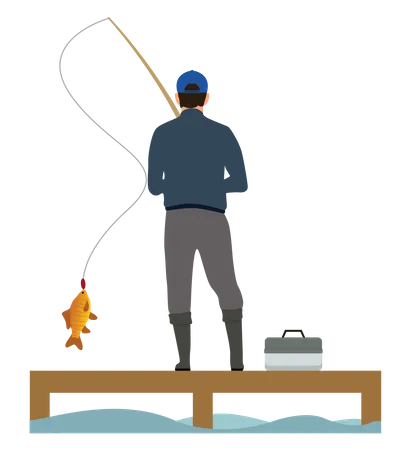 Cartaz De Recreacao De Pesca Incluindo Homem No Cais Ou Doca Com Representacao De Artes De Pesca Com Vara E Caixa Pescador De Macacao Com Poleiro Pousando Na Mao Ilustração