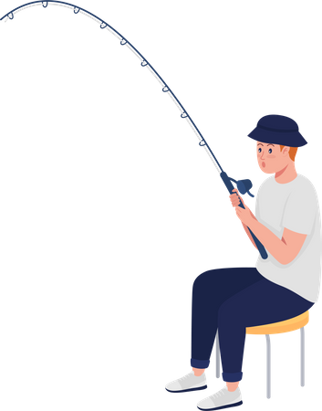 Pescador adolescente ansioso con caña de pescar  Ilustración
