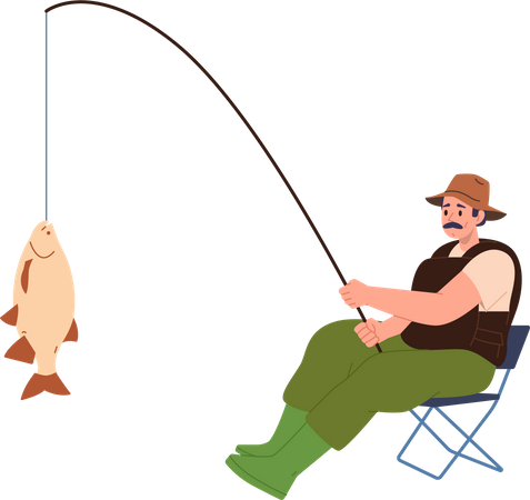Pescador adulto segurando peixe fresco capturado na vara enquanto está sentado na cadeira  Ilustração