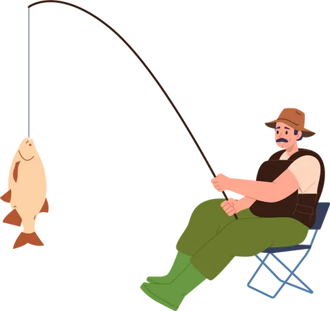 Pescador adulto segurando peixe fresco capturado na vara enquanto está sentado na cadeira  Ilustração