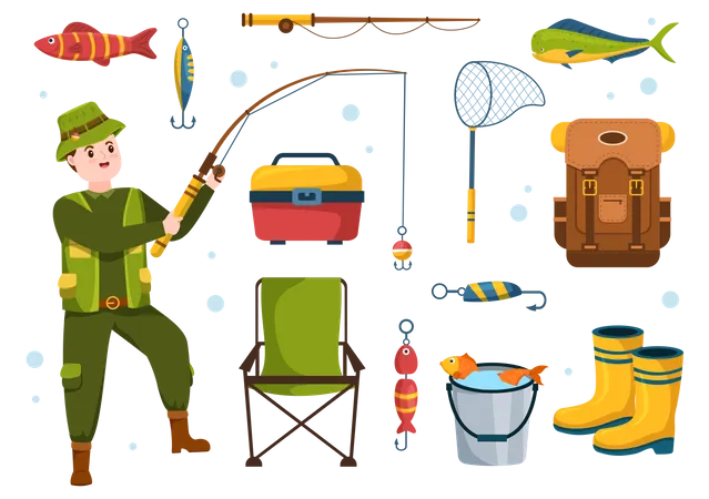 Pescador com equipamentos de pesca  Ilustração
