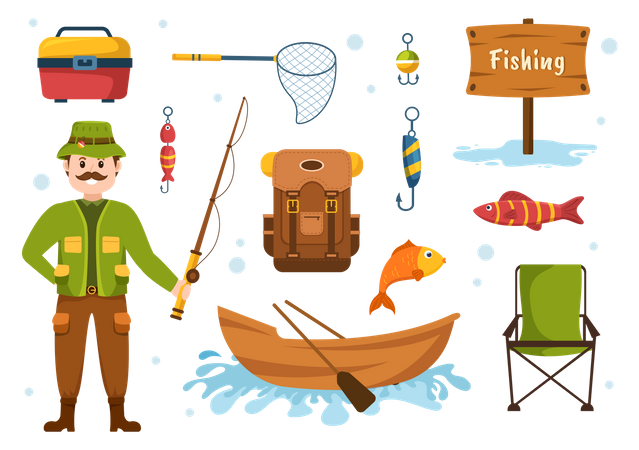Pescador com diferentes ferramentas de pesca  Ilustração