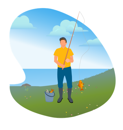 Pescador com longo caminho para pegar peixes  Ilustração