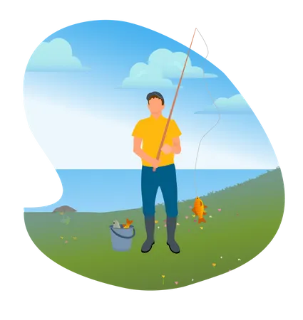 Pescador com longo caminho para pegar peixes  Ilustração