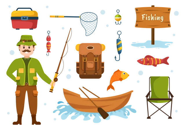 Pescador con diferentes herramientas de pesca.  Ilustración