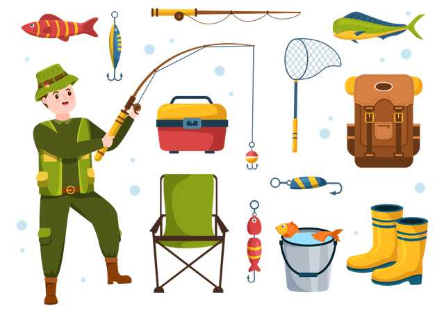 Pescador con equipos de pesca.  Ilustración