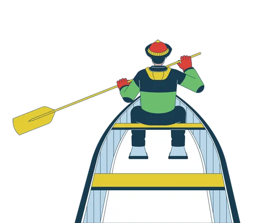 Pescador de inverno passeando de barco com remo  Ilustração