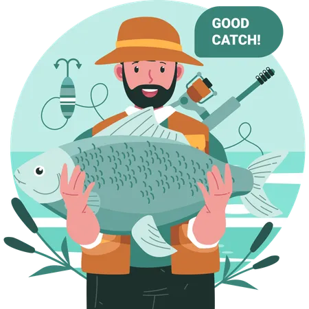 Pescador em pé com peixe na mão  Ilustração