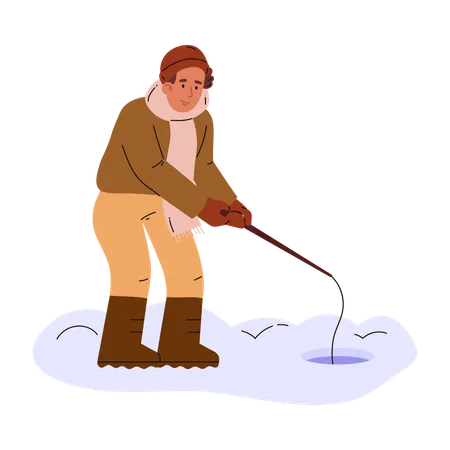 Pescador lançando vara de pescar em buraco de gelo em terreno nevado  Illustration