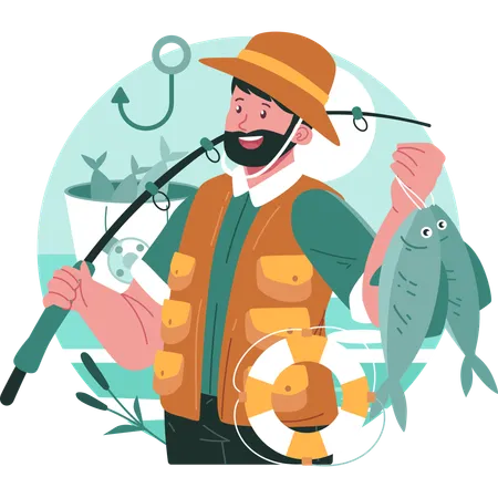 Pescador pegando peixe  Ilustração