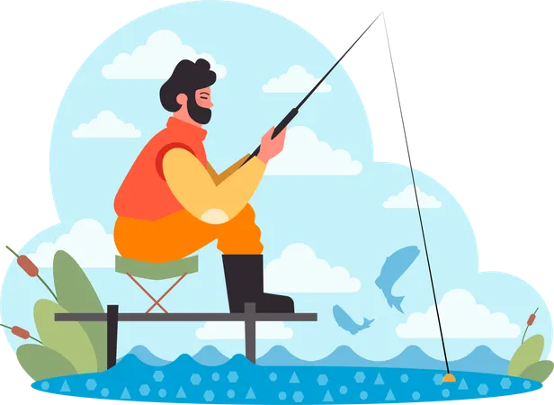 Pescador pegando peixe  Ilustração