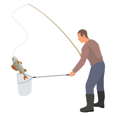 Pescador pegando peixe  Ilustração