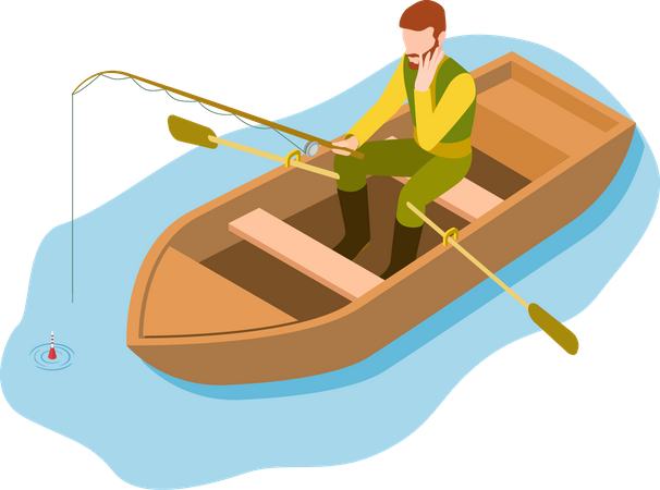 Pescador pegando peixe enquanto está sentado no barco  Ilustração