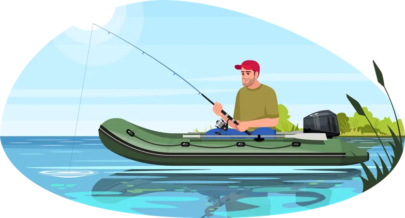 Pescador pescando em barco particular  Ilustração