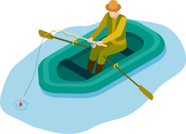 Homem pescador pescando em pé no barco de borracha  Ilustração