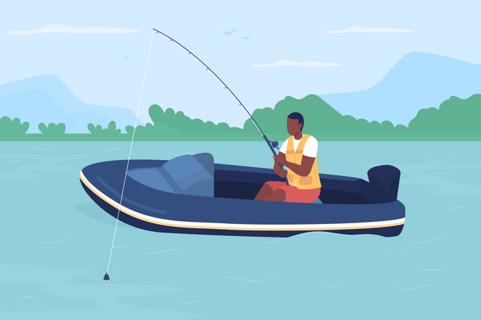 Pescador pescando en barco privado.  Ilustración
