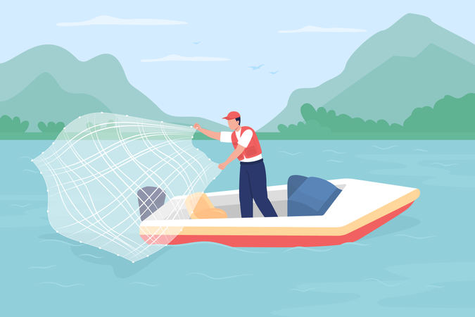 Pescador pescando en el lago  Ilustración