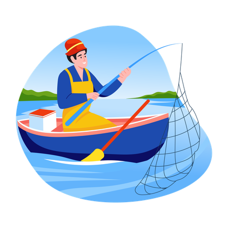 Pescador praticando pesca no rio  Ilustração