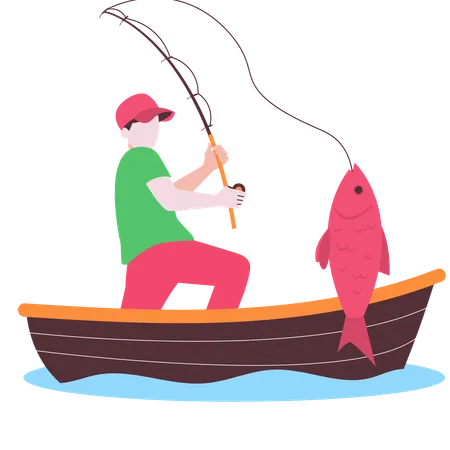 Pescador pescando peces en barco en el mar  Ilustración