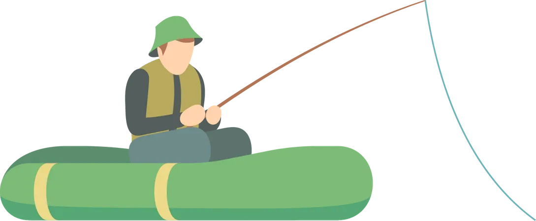 Homem pescador pescando enquanto está sentado no barco de borracha  Ilustração
