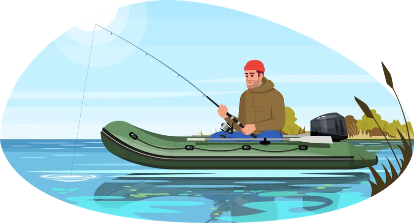 Pescador sentado en barco  Ilustración
