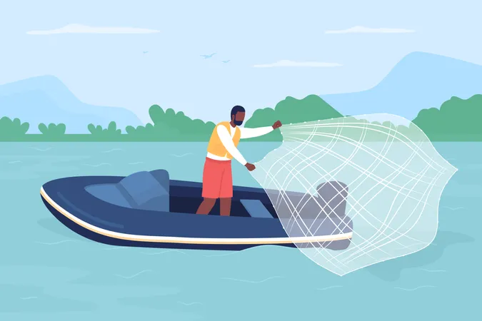 Homem pegando peixe com rede de lançamento  Ilustração