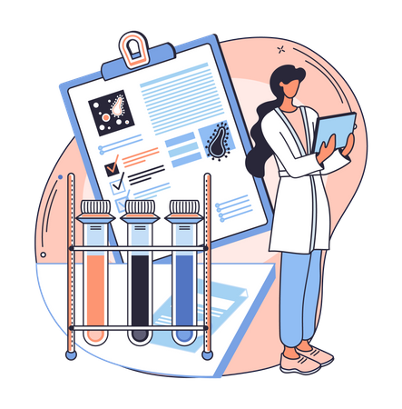 Pesquisa assistente feminina sobre diagnóstico com relatório  Ilustração