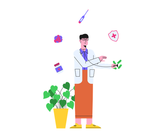 Pesquisa de médico masculino sobre vírus e medicina  Illustration