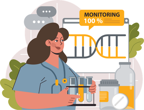 Menina monitorando pesquisa de DNA  Ilustração