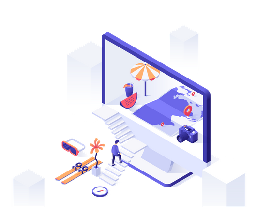 Pesquisa e planejamento de destinos de viagens on-line  Ilustração