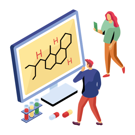 Pesquisadores trabalhando em ligação química  Ilustração