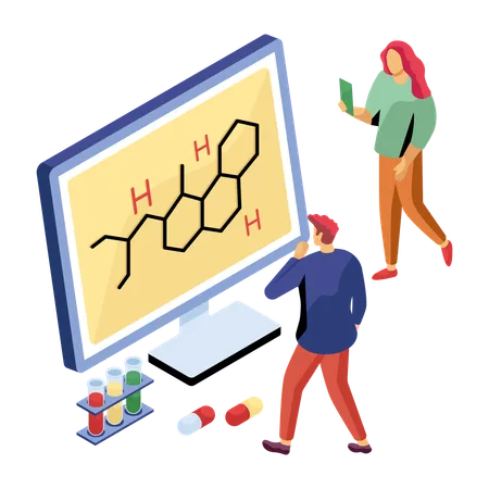 Pesquisadores trabalhando em ligação química  Ilustração