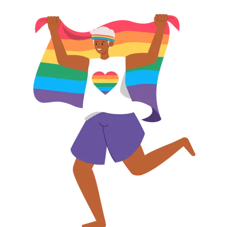 Pessoa alegre comemora orgulho LGBTQ com bandeira arco-íris e camisa de coração  Ilustração