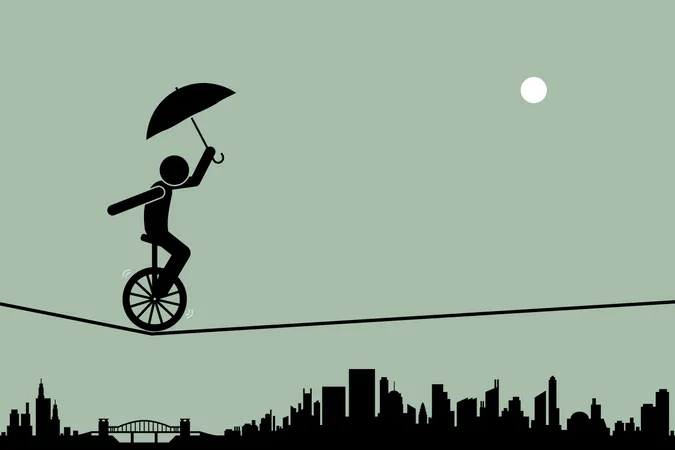 Pessoa andando de monociclo e equilibrando-o com um guarda-chuva passando por uma corda bamba com uma silhueta de paisagem urbana ao fundo  Ilustração