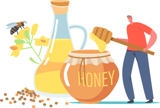 Pessoa coletando mel fresco e frasco de embalagem  Ilustração