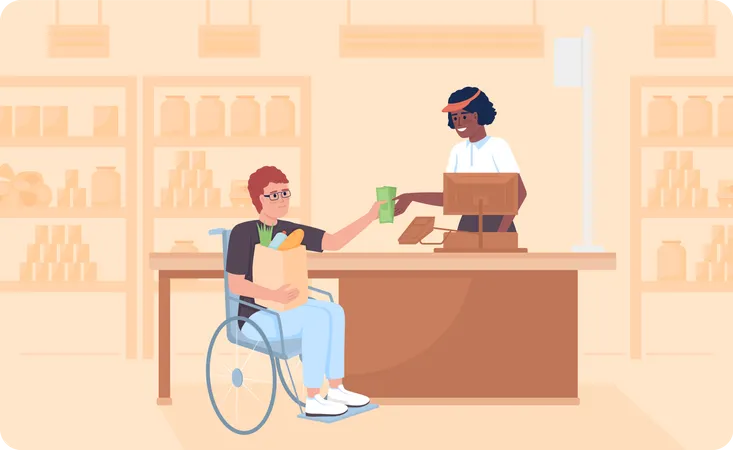 Pessoa com deficiência fazendo compras na loja  Ilustração