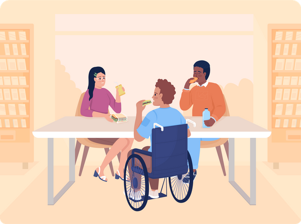 Pessoa com deficiência conversando com amigos  Ilustração