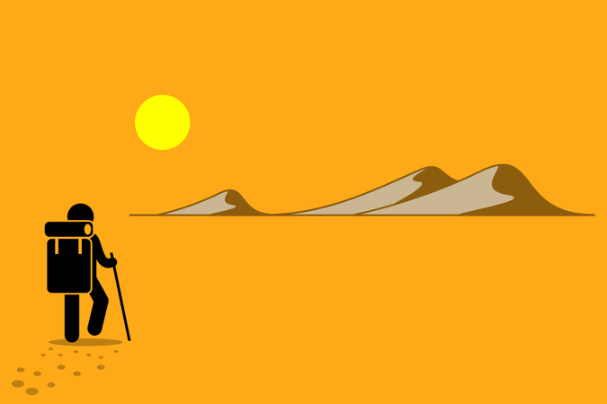 Pessoa com mochila e bengala caminhando no deserto sob o sol quente em busca de aventura  Ilustração