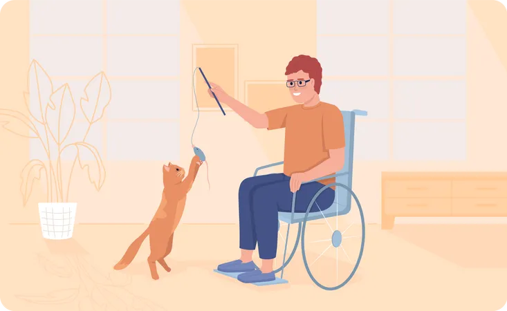 Pessoa com deficiência brincando com gato  Ilustração
